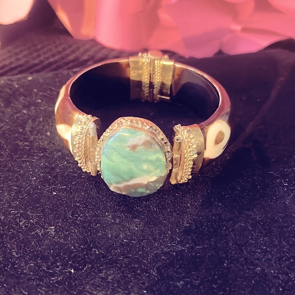 Cuff Bracelet, made in India Olive green Moss Agate gem Stone. Brass detail.
